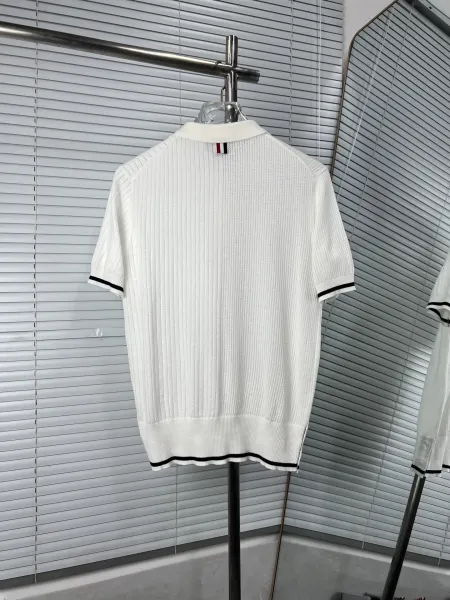 Thom Browne Ribbed Knit Polo Navy with White Trim Polo Shirt - 8