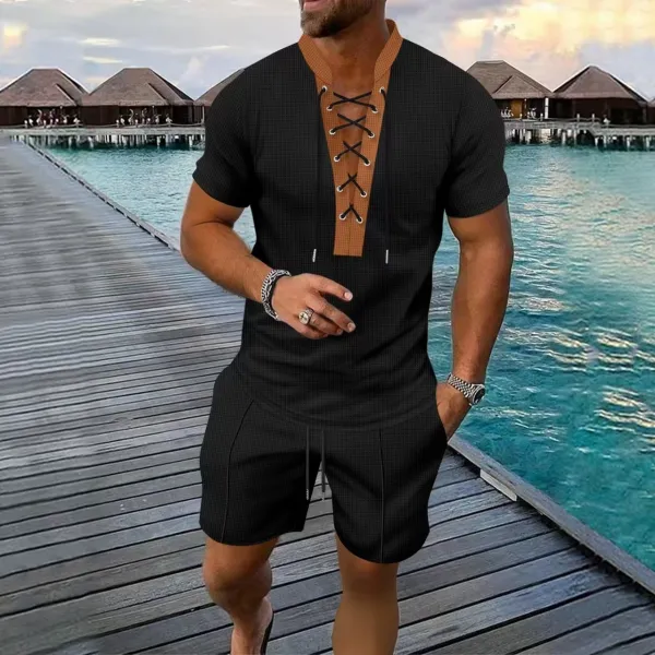 Design Lace-Up V-Neck Short Set Gray - 13