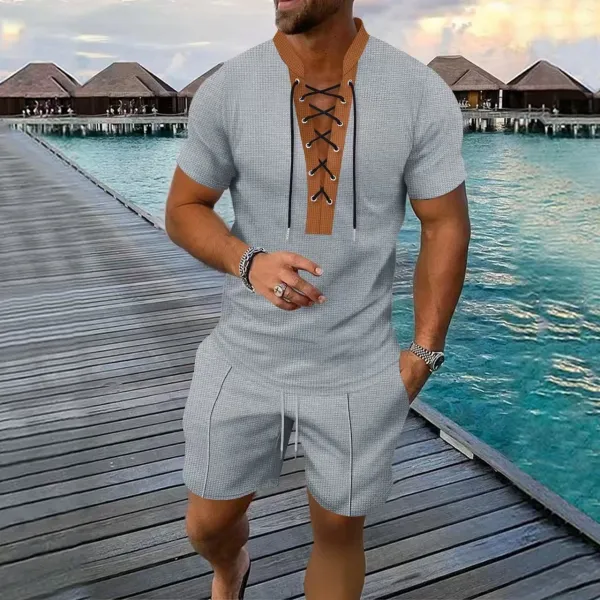 Design Lace-Up V-Neck Short Set Gray - 16