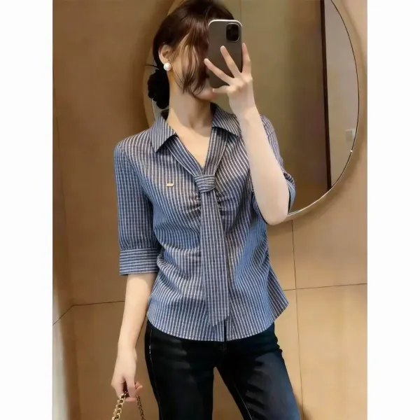Design Grid Tie-Front Shirt Black and White Tops Shirt - 3