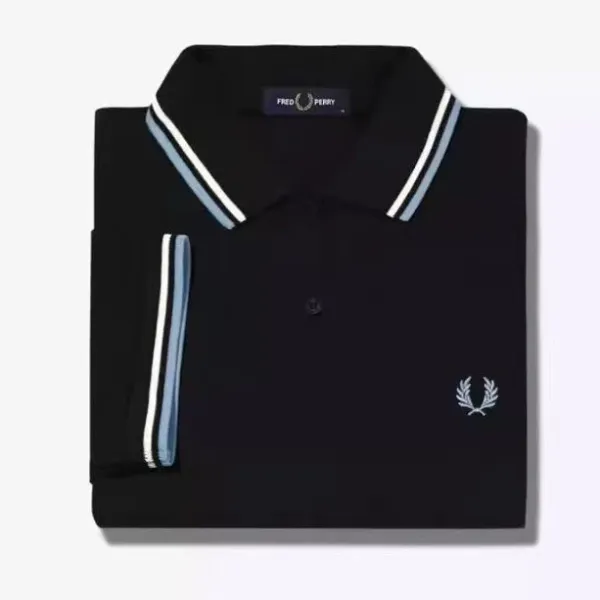 Fred Perry Twin Tipped Polo Black with Light Blue and White Stripes Polo Shirt - 1