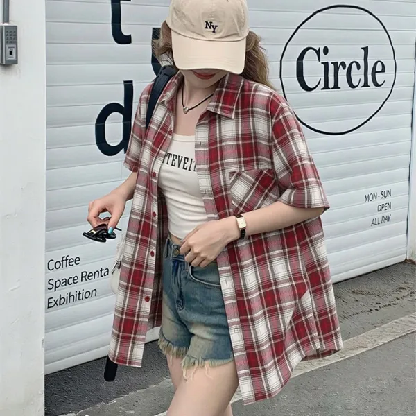 Design Plaid Short-Sleeve Shirt Blue Beige Tops.shirt - 3