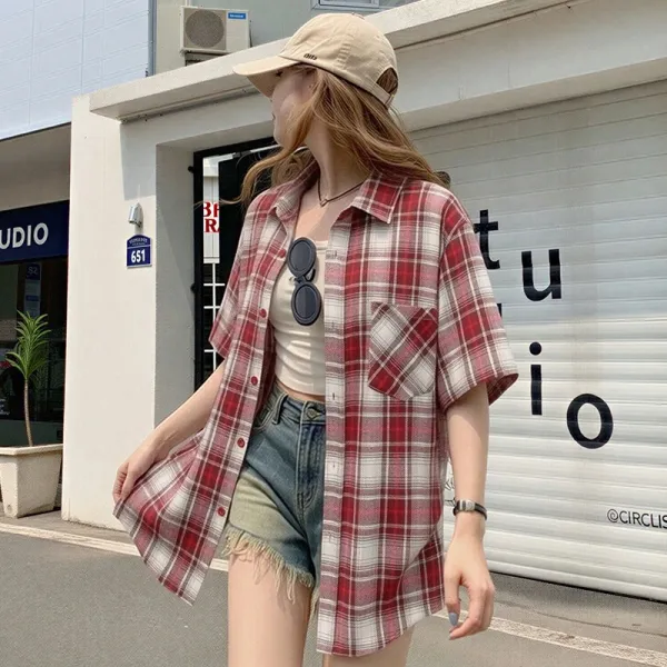 Design Plaid Short-Sleeve Shirt Blue Beige Tops.shirt - 4