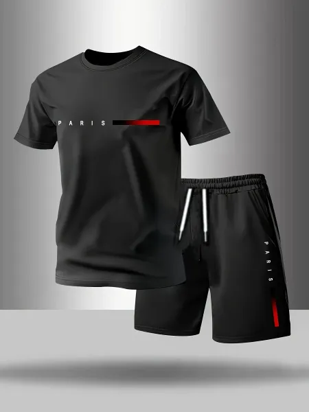 Design Paris Graphic Set Black Red Sporty T-Shirt and Shorts - 4