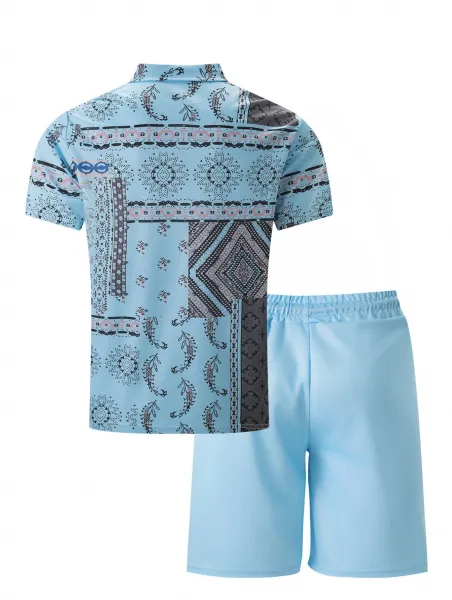 Design Patchwork Print Half-Zip Polo Blue Multicolor Shorts Set Tops Polo - 9