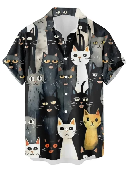 Design Cat Face Print Black Hawaiian Shirt - 12