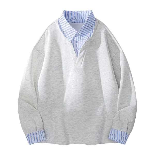 Design Layered Collar Henley Shirt Gray with Blue Stripe - 1