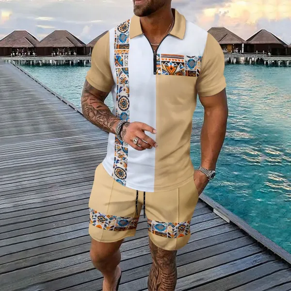Design Tropical Print Half-Zip Polo Shirt in Dark Green with Aqua Floral Pattern Tops Polo - 15