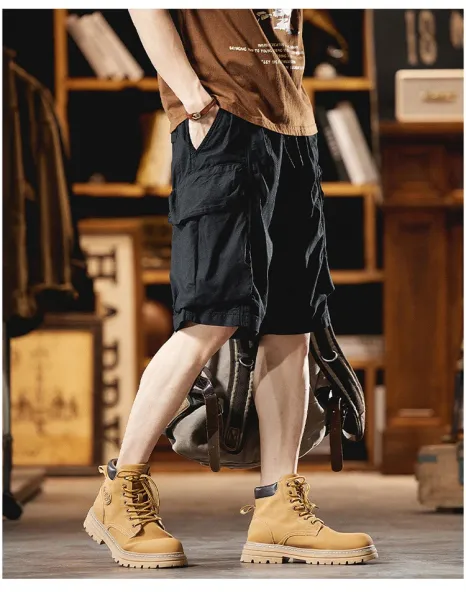 Design Cargo Shorts Black + Brown T-Shirt + Tan Boots - 25