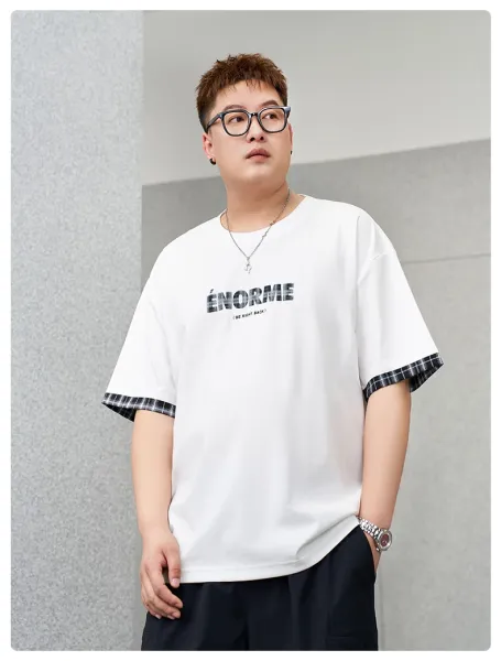 Design ÉNORME Graphic Print T-Shirt White with Plaid Cuff Detail T-Shirts - 22