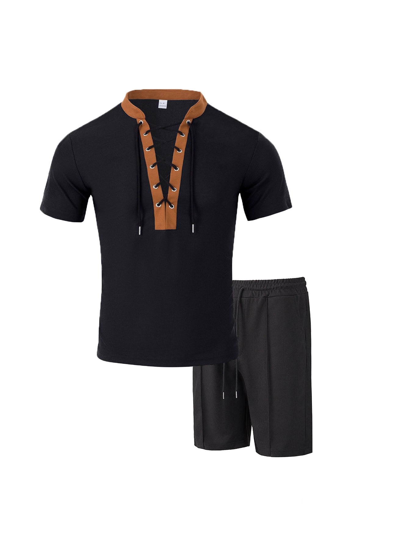 Design Lace-Up V-Neck Short Set Gray - 14