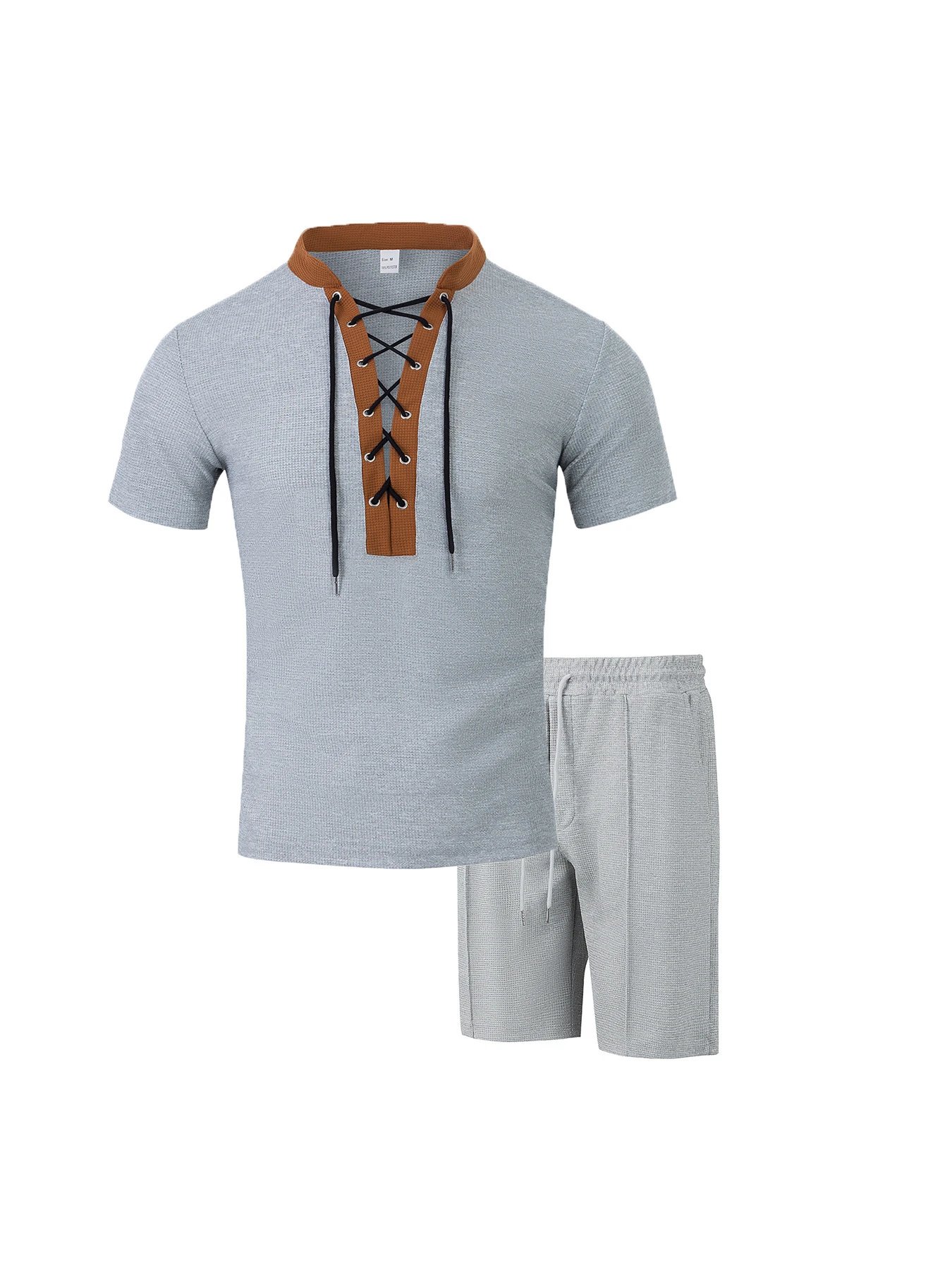 Design Lace-Up V-Neck Short Set Gray - 17