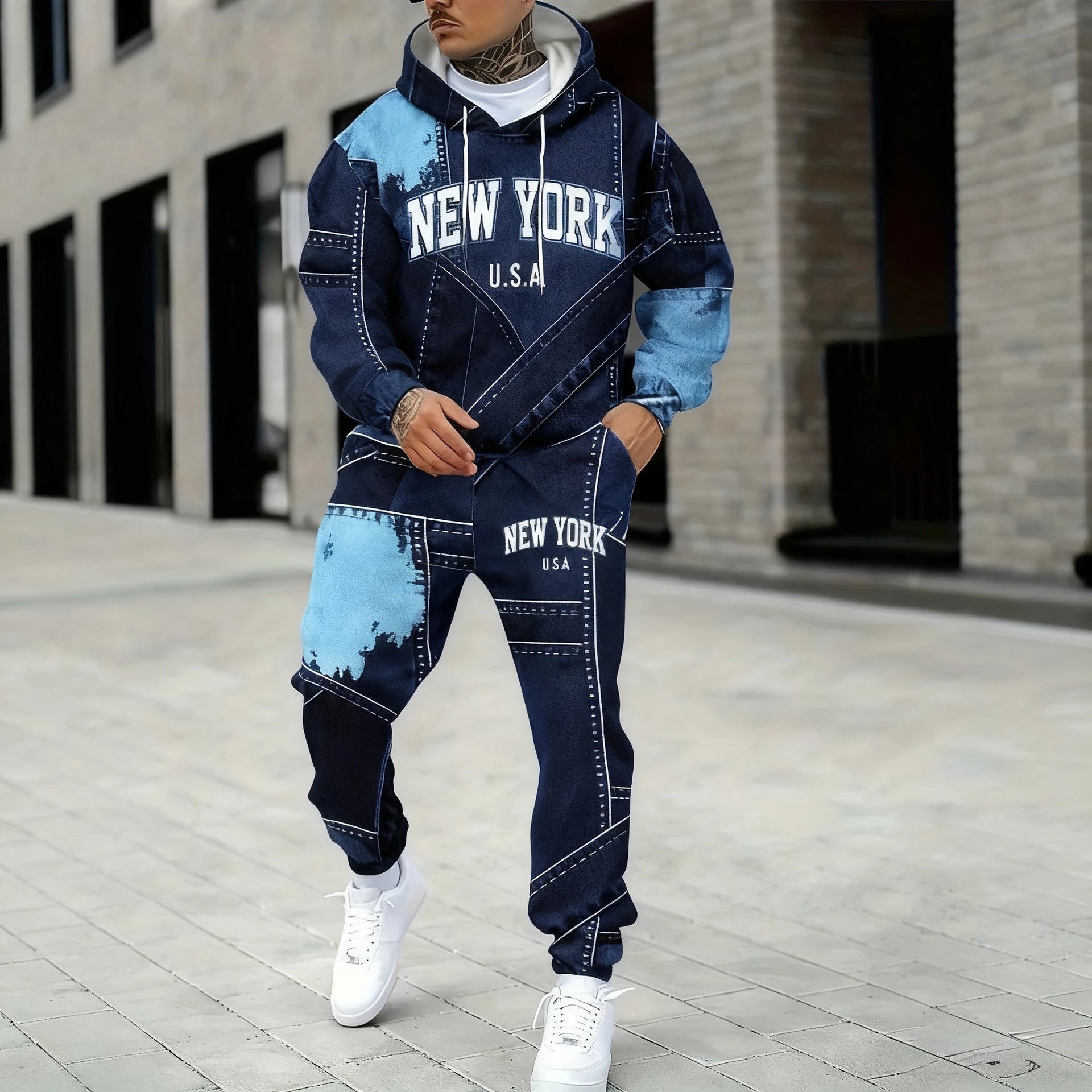 Design Denim Patchwork 'New York U.S.A.' Hoodie and Sweatpants Set Blue Black - 11
