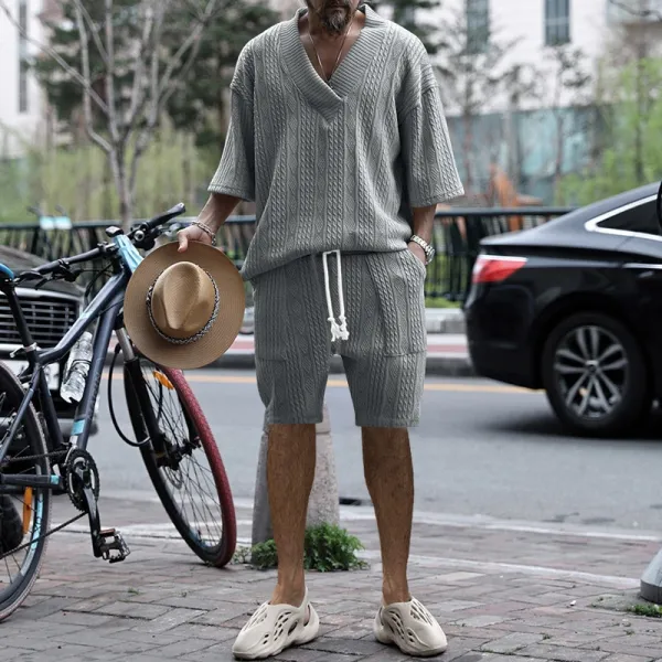 Design Knit V-Neck Oversized Set Gray - 47