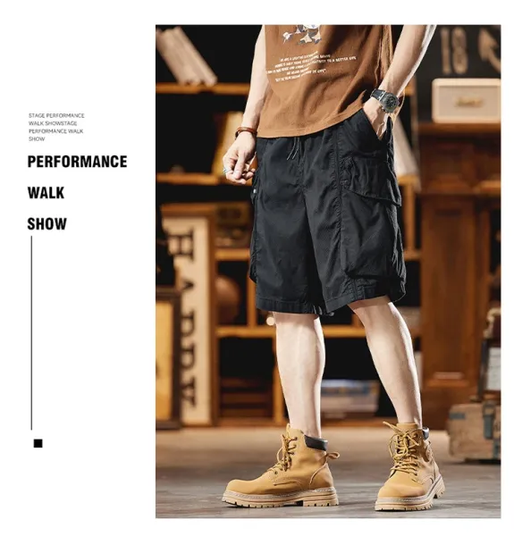 Design Cargo Shorts Black + Brown T-Shirt + Tan Boots - 26