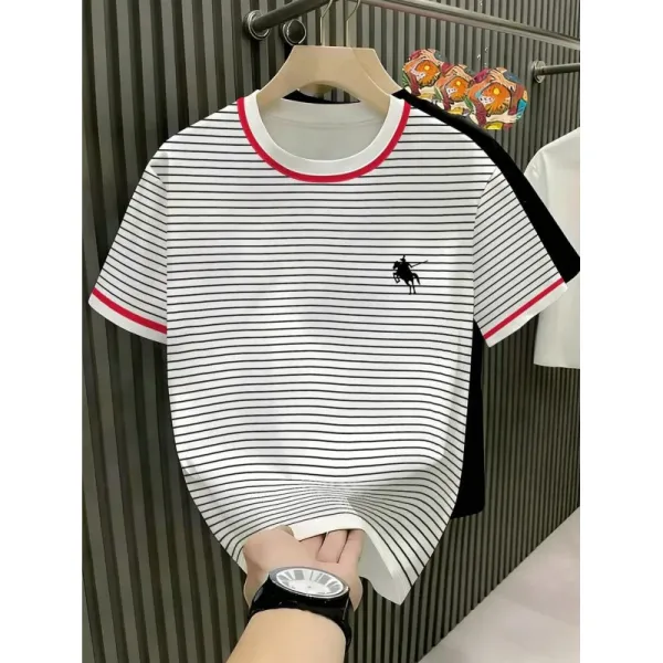 Design Striped Polo Collar T-Shirt with Equestrian Logo White / Black - 1