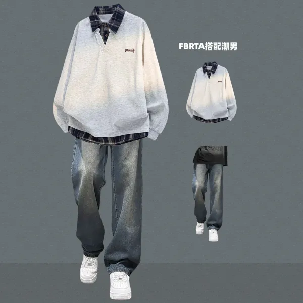 Design Layered Collar Polo Shirt Gray Plaid Trim Jeans Set Casual Set - 1