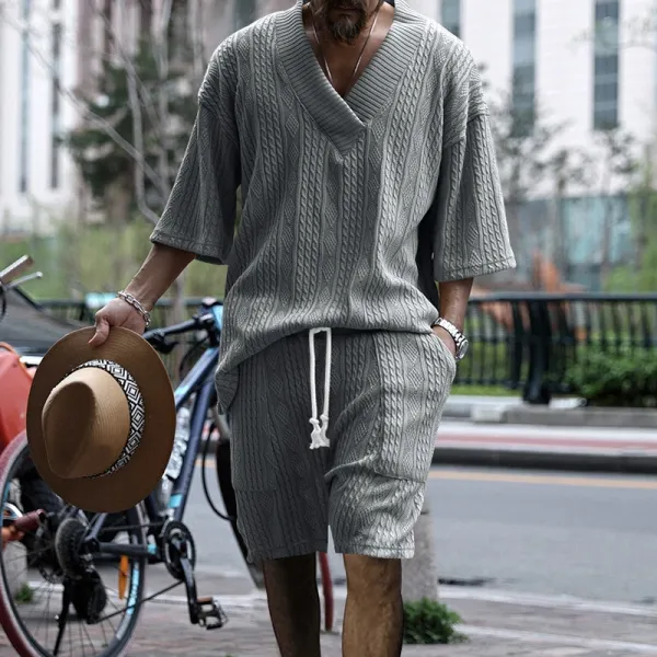 Design Knit V-Neck Oversized Set Gray - 48