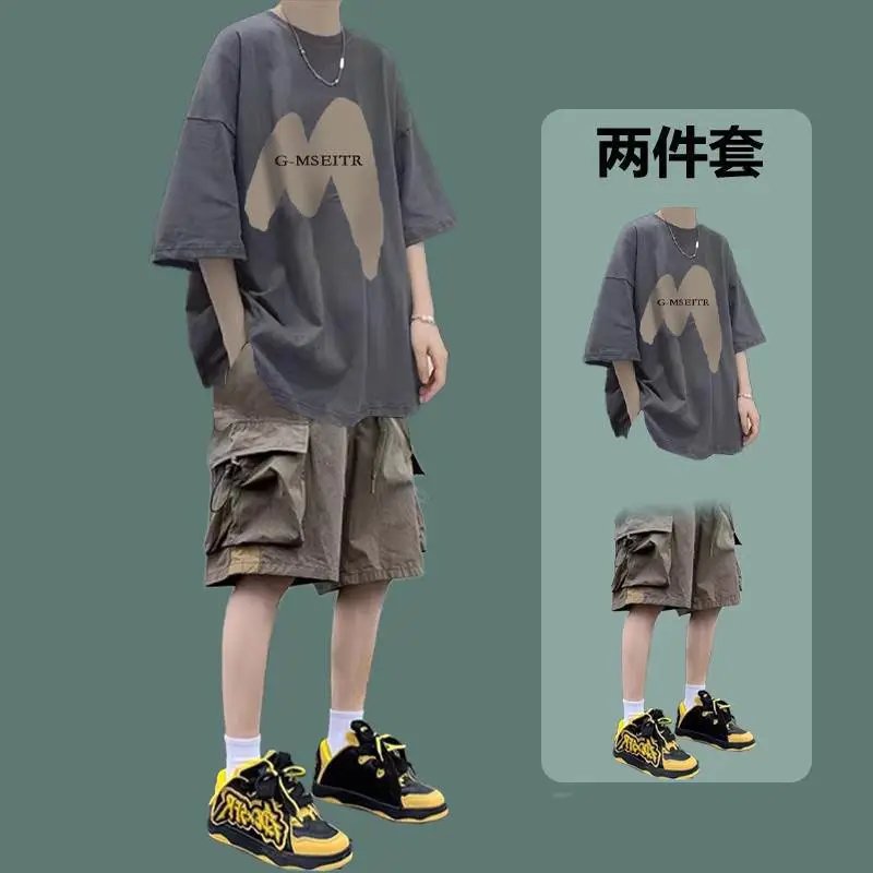 G-MSEITR Oversized Graphic T-Shirt and Cargo Shorts Set Gray