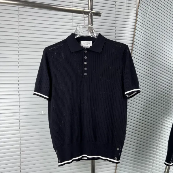 Thom Browne Ribbed Knit Polo Navy with White Trim Polo Shirt - 1