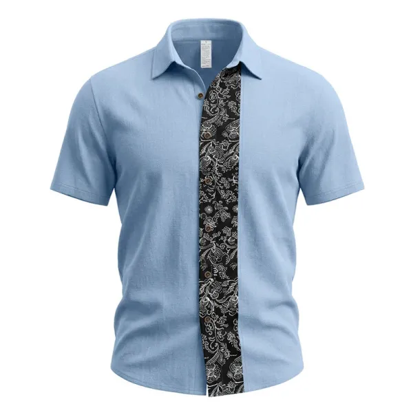 Design Pattern-Paneled Short-Sleeve Shirt in Light Blue - 1