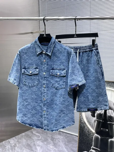 Louis Vuitton Monogram Denim Shirt and Shorts Set Blue - 1