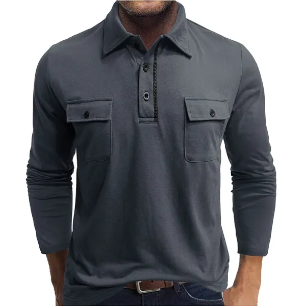 Design Long Sleeve Zip-Placket Pocket Polo Gray Tops.polo - 1
