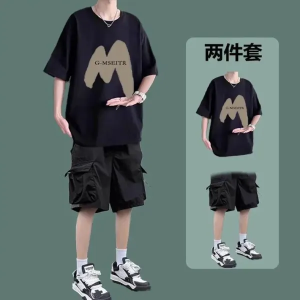 Design G-MSEITR Graphic Print Oversized T-Shirt and Cargo Shorts Set Black Olive Multicolor Sets - 7