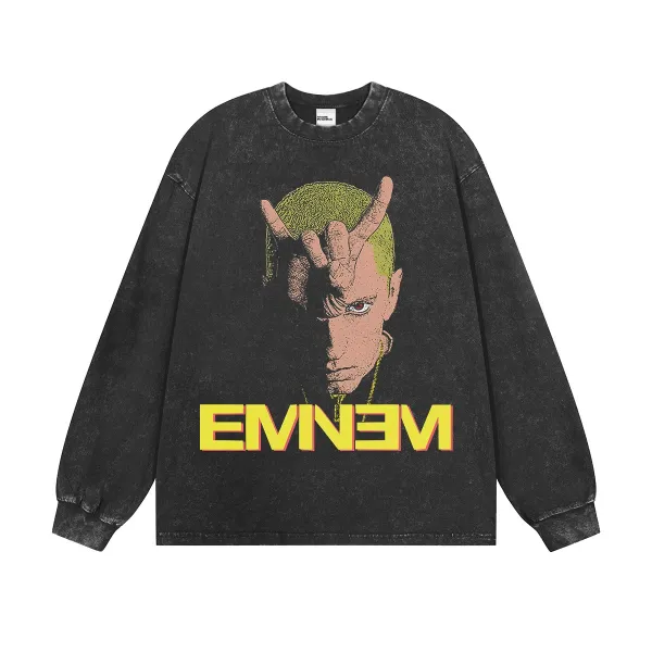 Design Eminem x Unknown Artist Acid Wash Long Sleeve Graphic Tee Black T-Shirts - 1