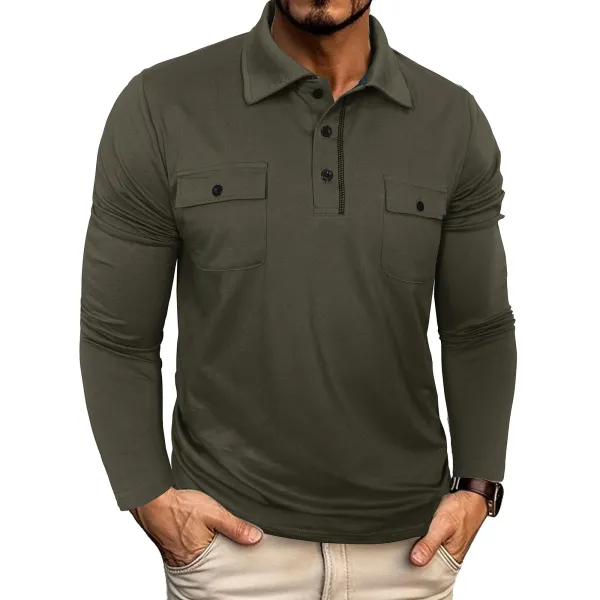 Design Utility Polo Shirt Army Green Long Sleeve Tops Polo - 14
