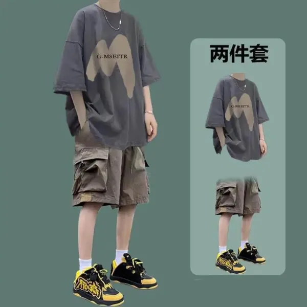 Design G-MSEITR Graphic Print Oversized T-Shirt and Cargo Shorts Set Black Olive Multicolor Sets - 4