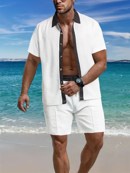 Design Waffle-Knit Two-Tone Beach Set White / Charcoal Shorts and Shirt - 1