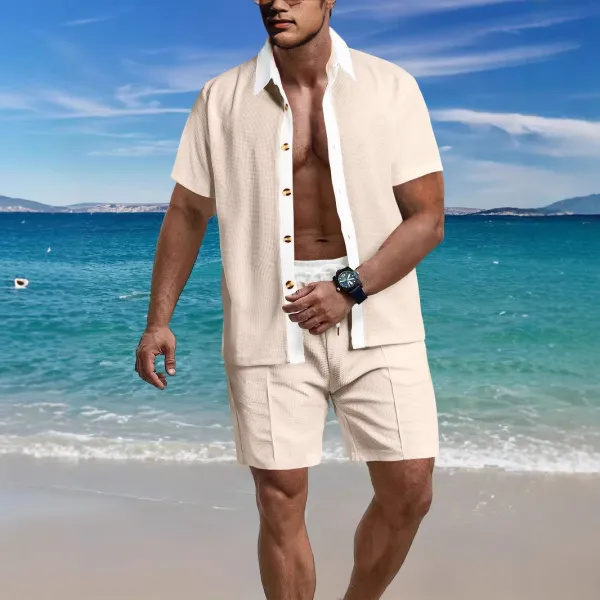 Design Waffle-Textured Two-Tone Resort Set Burgundy Shorts - 16