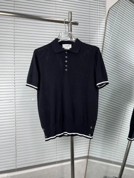 Thom Browne Ribbed Knit Polo Navy with White Trim Polo Shirt - 9