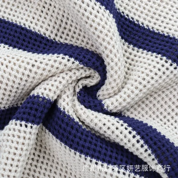 Design Striped Mesh Knit Cardigan Navy and Beige - 12