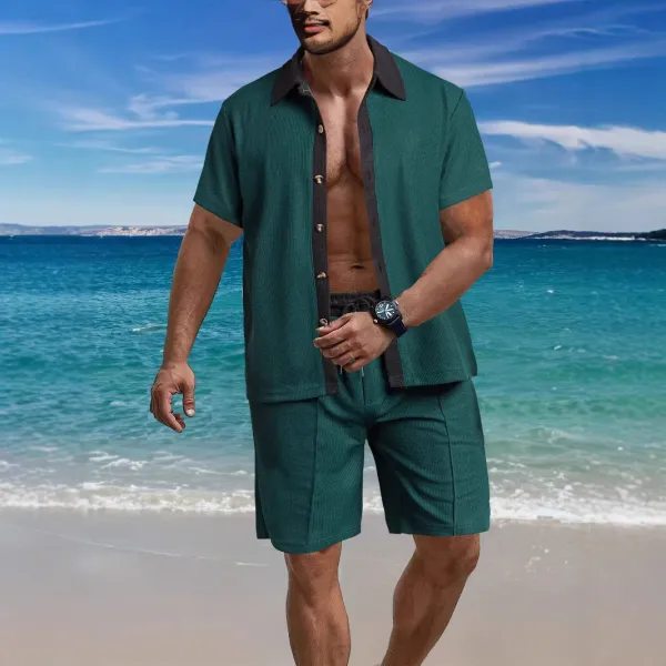 Design Waffle-Knit Resort Set Emerald Green Shirt and Shorts - 1