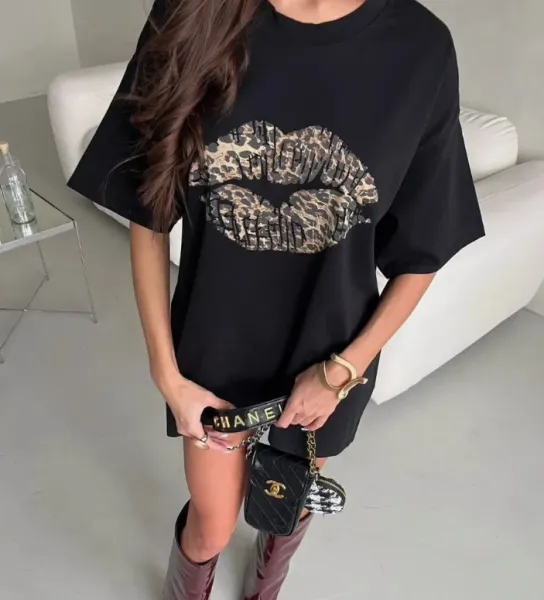 Design Leopard Print Lips Graphic Oversized T-Shirt Gray T-Shirts - 16