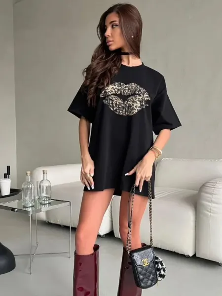 Design Leopard Print Lips Graphic Oversized T-Shirt Gray T-Shirts - 23