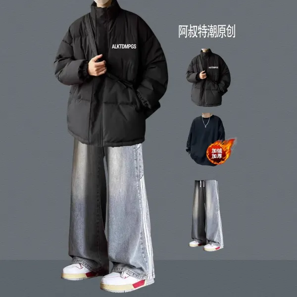 Design ALKTDMPGS Puffer Jacket Black + Gradient Wide-Leg Jeans Gray Outerwear - 8