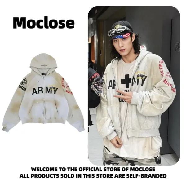 Design Moclose Army Distressed Zip-Up Hoodie Beige Hoodie - 9