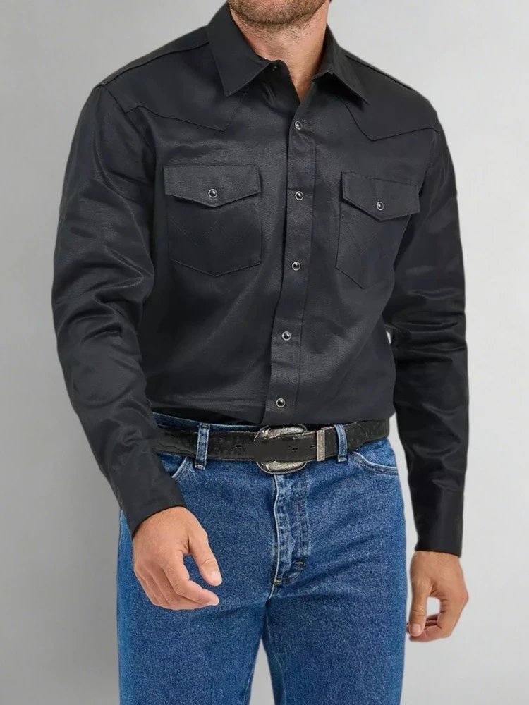 Design Red Western-Style Shirt with Flap Pockets and Blue Denim Jeans Shirt - 5