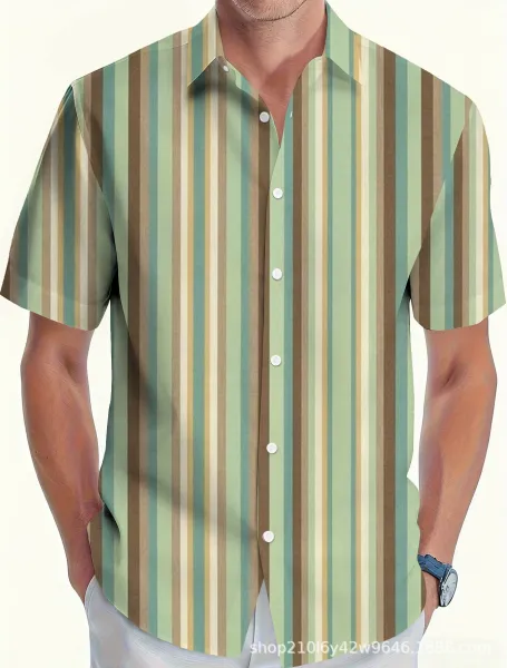 Design Striped Button-Down Shirt Green Brown Beige - 1