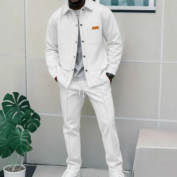 Design Waffle-Texture Utility Jacket and Jogger Set White - 1