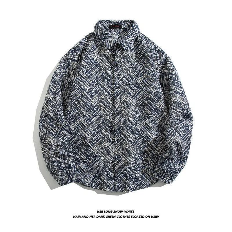 Design Woven Pattern Long-Sleeve Shirt Navy and White Tops Shirt - 1