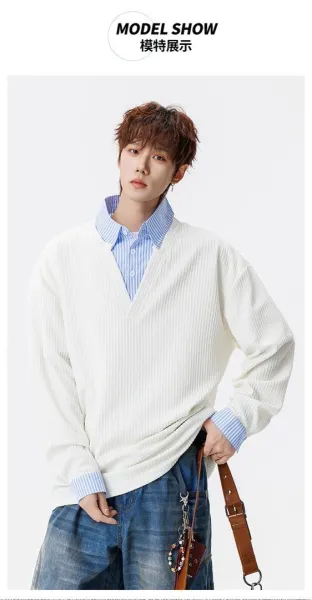 Design Layered Collar Ribbed Polo Beige with Blue Stripe Polo Shirt - 20