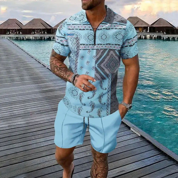 Design Patterned Half-Zip Polo Shirt and Matching Shorts Set in Light Blue - 1
