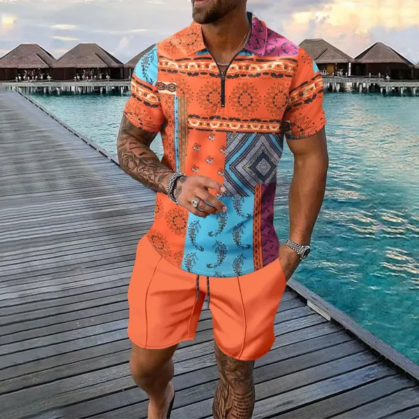 Design Patchwork Print Half-Zip Polo Orange Multicolor Shorts Set Casual Set - 1