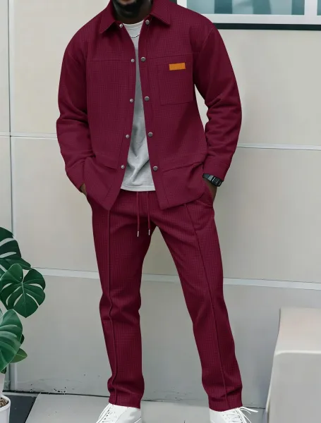 Design Waffle-Texture Utility Jacket and Jogger Set Burgundy - 1