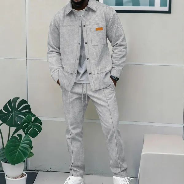Design Two-Piece Textured Gray Set with Orange Patch Shirt and Drawstring Pants - 1