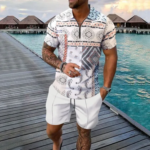 Design Patchwork Print Half-Zip Polo Blue Multicolor Shorts Set Tops Polo - 6